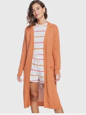 Roxy Long Open-Front Cardigan Sweater - Rust Orange